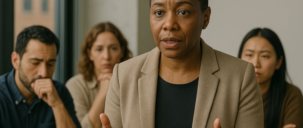 A Black woman leader stands at the head of a conference table, addressing concerns of a diverse team