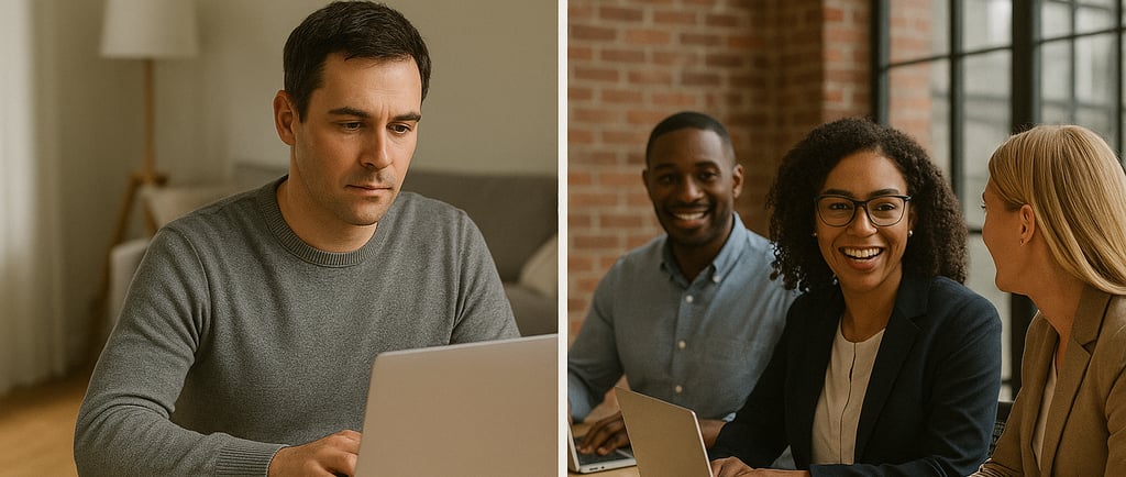 Split image of man working from home and team collaborating in office.
