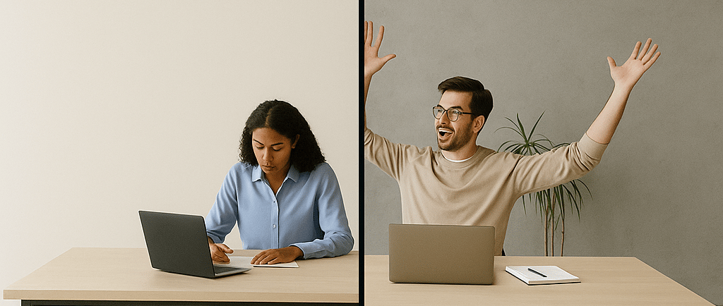 Wide split image showing a focused worker and another gesturing for attention.