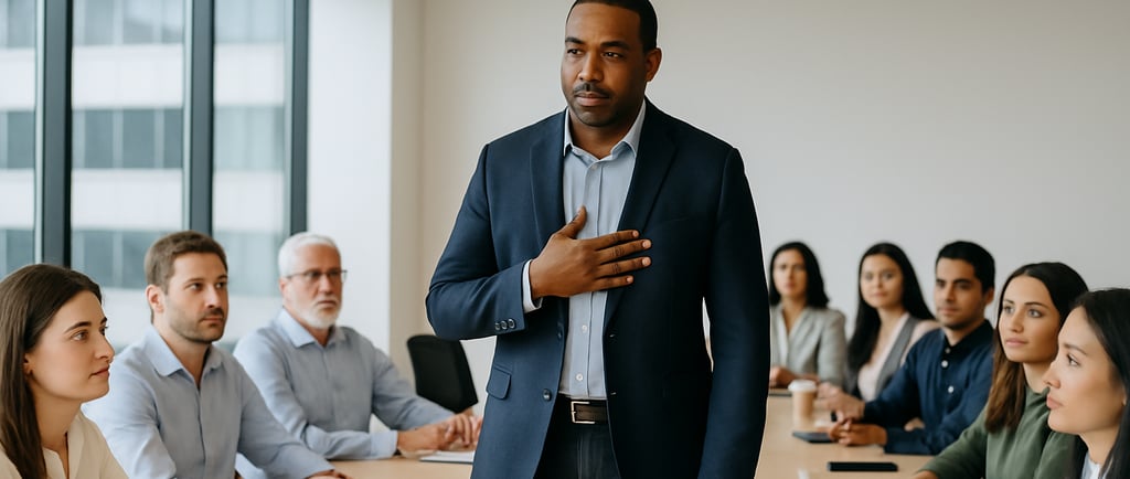 Black leader standing at conference table taking accountability to team.