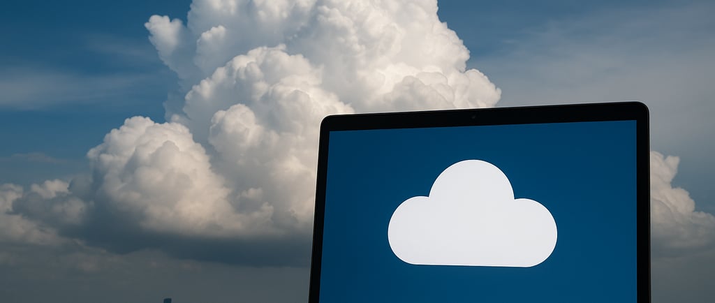 Laptop with cloud icon on screen set against a skyline and massive white clouds.
