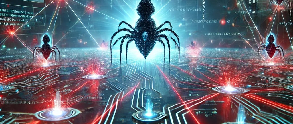 A digital visualization of AI-powered malware infiltrating a network.