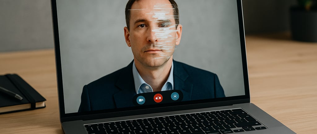 Realistic photo of a laptop showing a glitching video call, symbolizing deepfake deception.