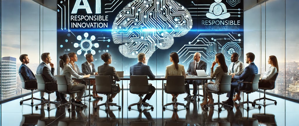 Professionals discussing AI ethics in a boardroom with AI concepts in the background.