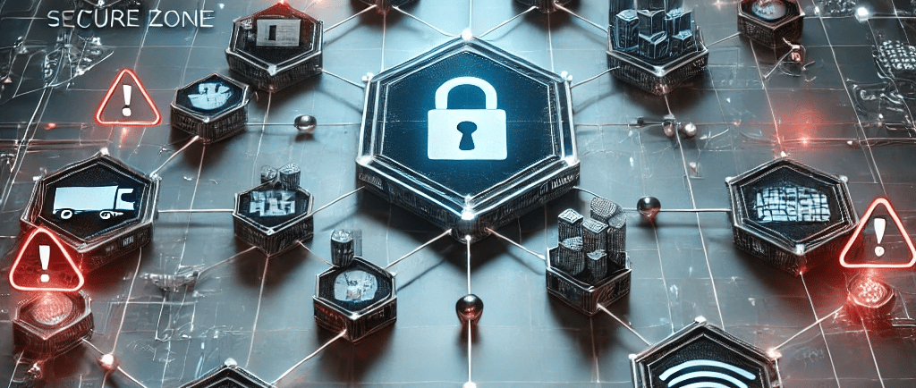 Glowing supply chain network with security icons and red warnings on a futuristic grid background.