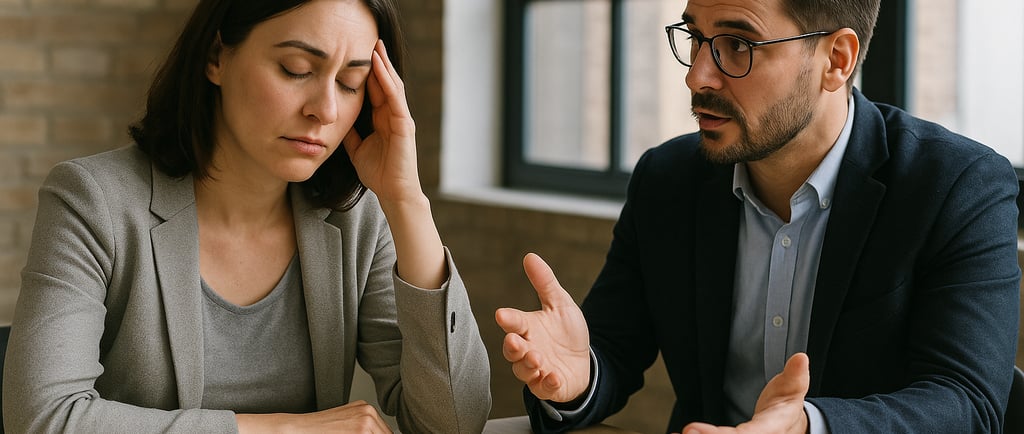 Leader giving feedback while employee looks drained and overwhelmed in office.