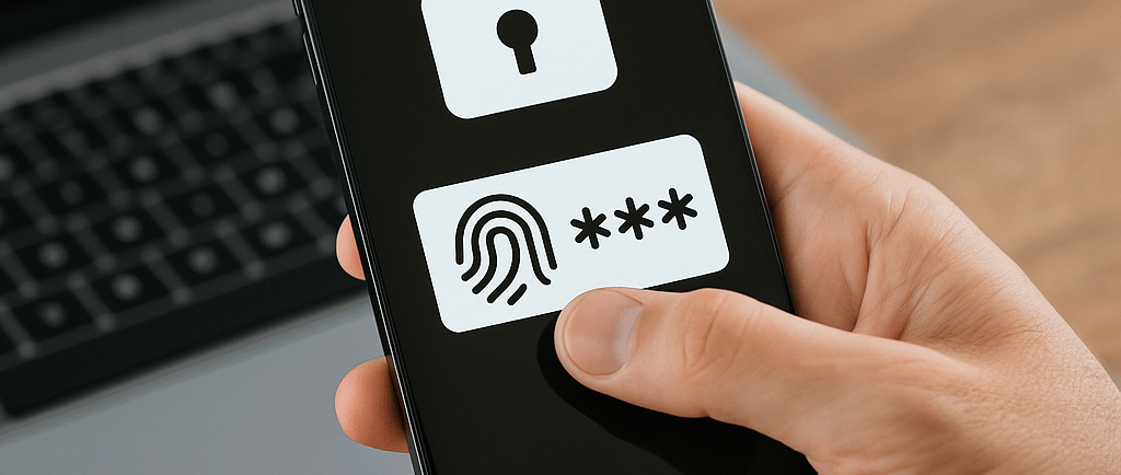Person using fingerprint on phone for secure passkey login near laptop.