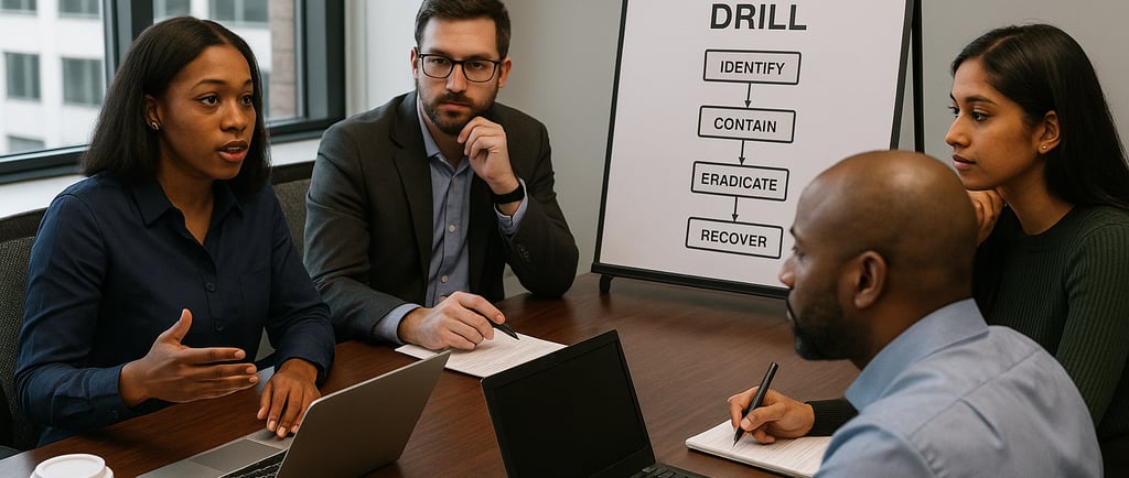 A diverse security team conducts a tabletop incident response drill in a modern office.
