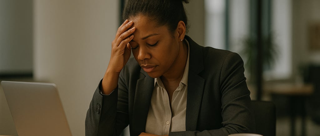Exhausted Black woman at desk with laptop and coffee.