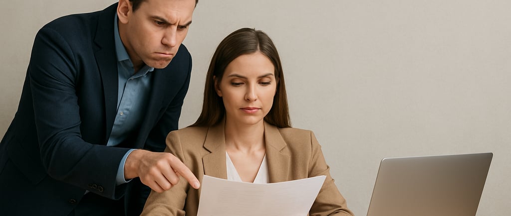 Boss hovering over woman pointing at document, showing workplace micromanagement.