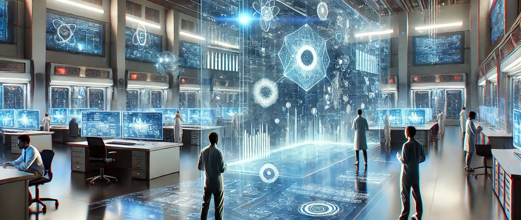 A futuristic lab with quantum computers and holographic screens representing innovation.