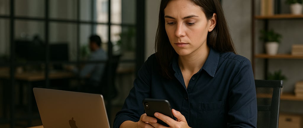 Professional woman using her smartphone beside a work laptop in an office, representing Shadow IT.