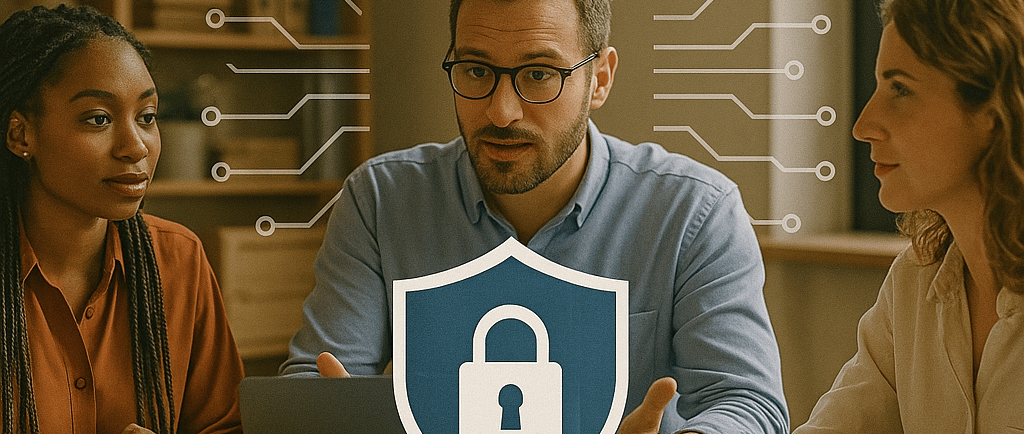 A diverse group of three professionals in a small business meeting discuss cybersecurity strategy. 