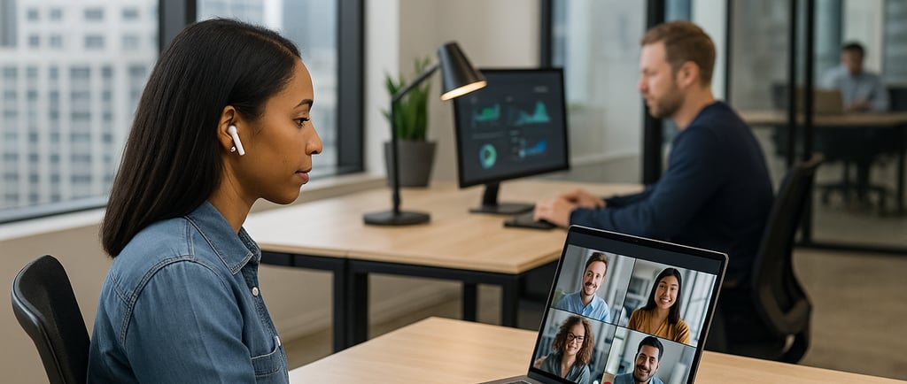 A woman participates in a video conference on her laptop in a modern hybrid office setting.