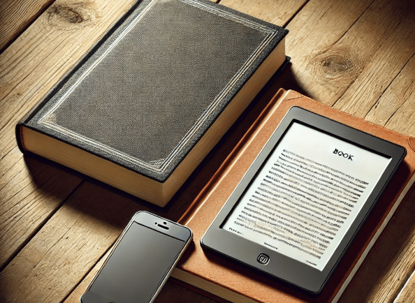 picture of book, e-reader, and iPhone