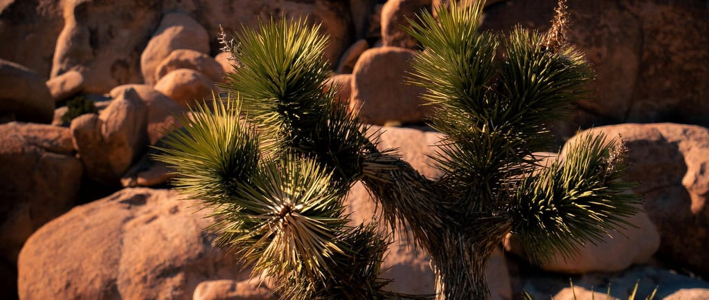 A green Joshua tree stands against massive desert rock formations in Joshua Tree National Park.