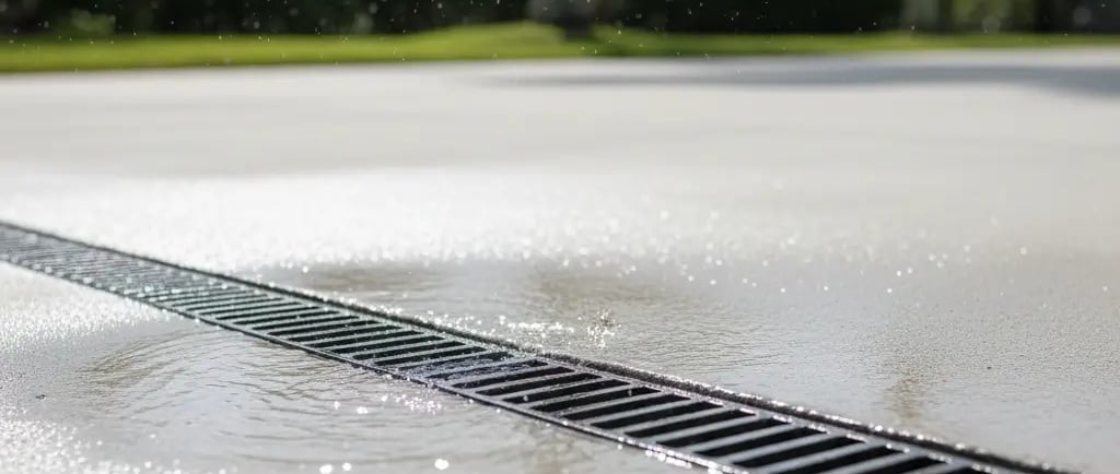 Close-up of a concrete surface with a channel drain and water flowing into it