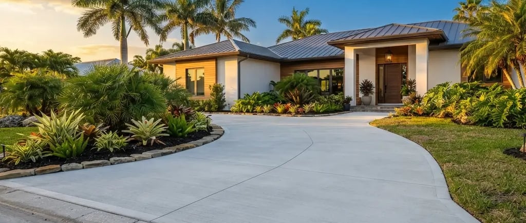 freshly poured, professionally finished concrete driveway leading up to a modern single-story Florida