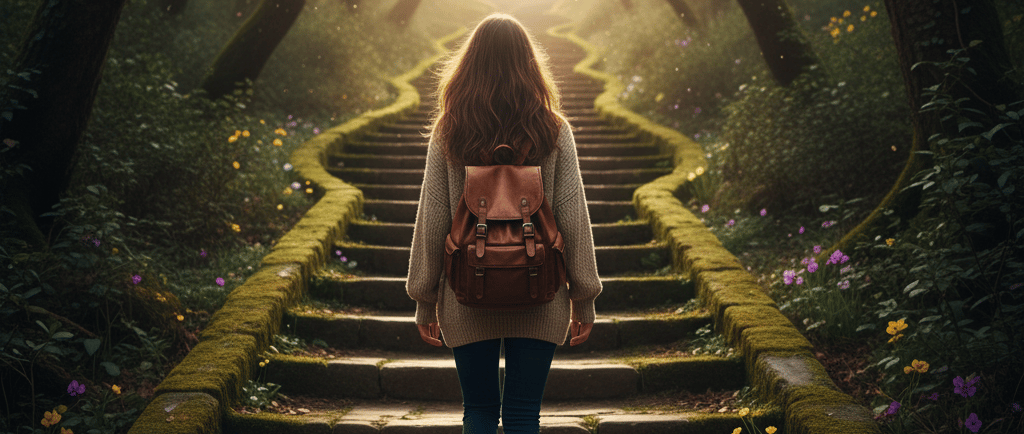 a woman walking down a path with a backpacker