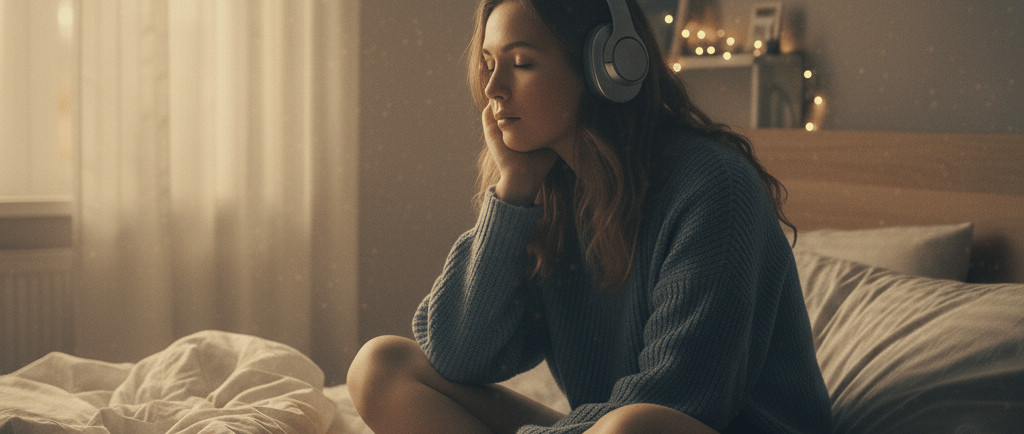 a woman in a blue sweater and headphones on a bed