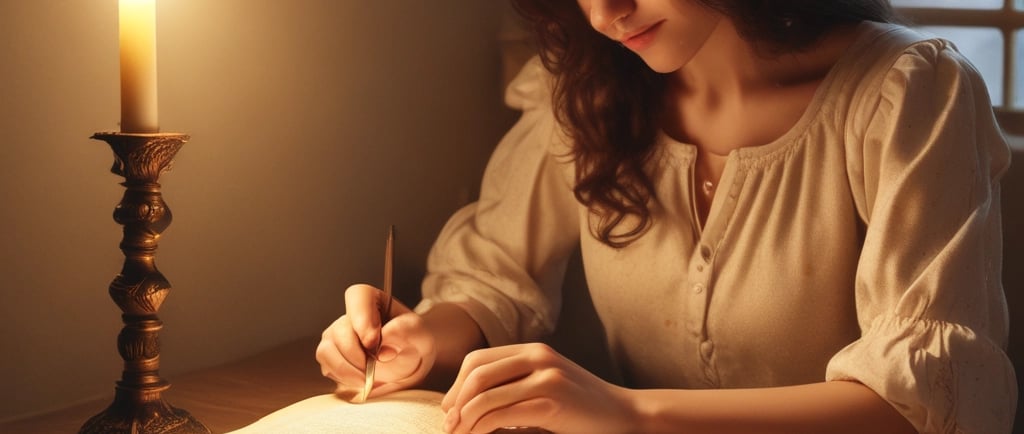 A young woman sitting at a desk, writing in a journal with a cup of tea beside her.