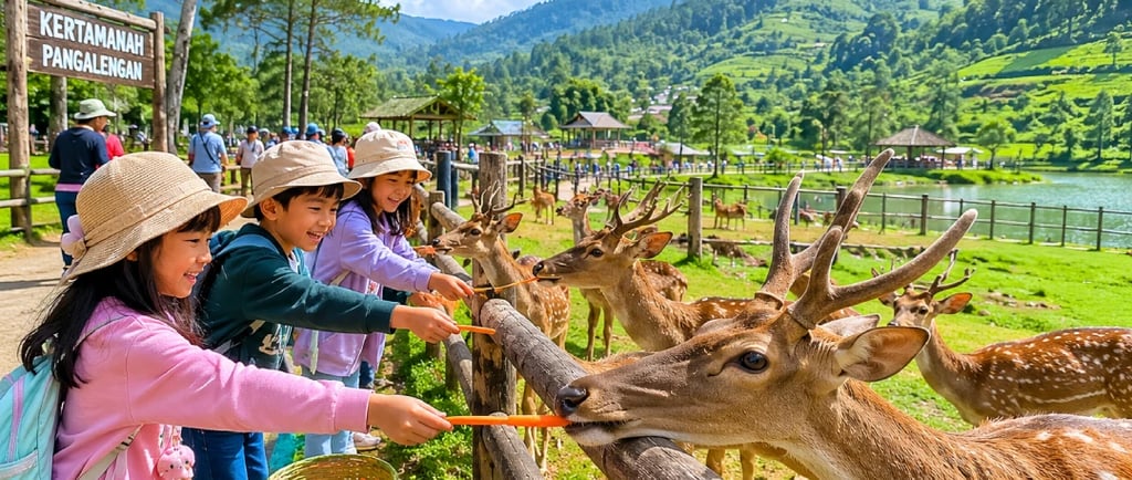 Suasana wisata Pangalengan bersama keluarga, anak-anak berinteraksi dan memberi makan rusa di Kertamanah.