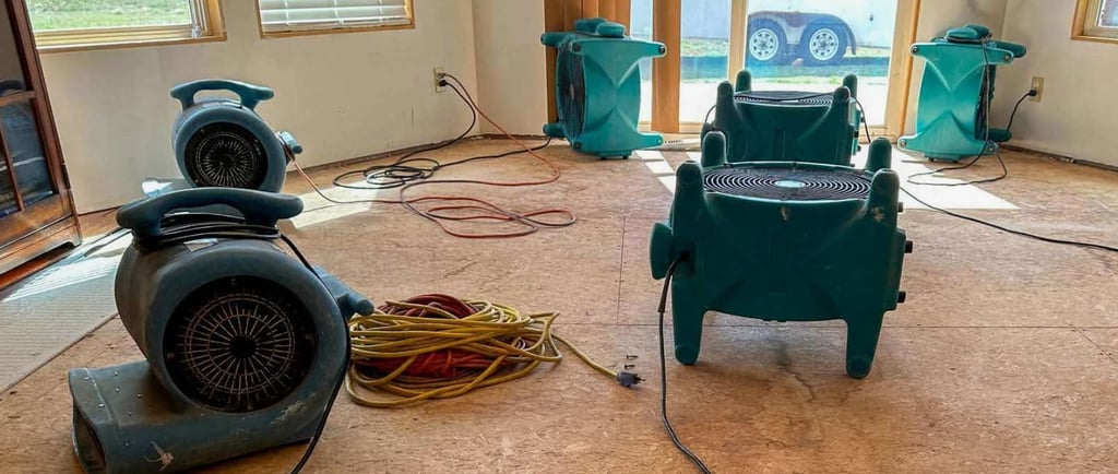 Air movers dry wet subfloors. Water restoration.