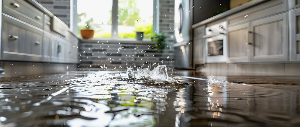Water damage in the kitchen area. Dripping water, damaged floor and cabinets.