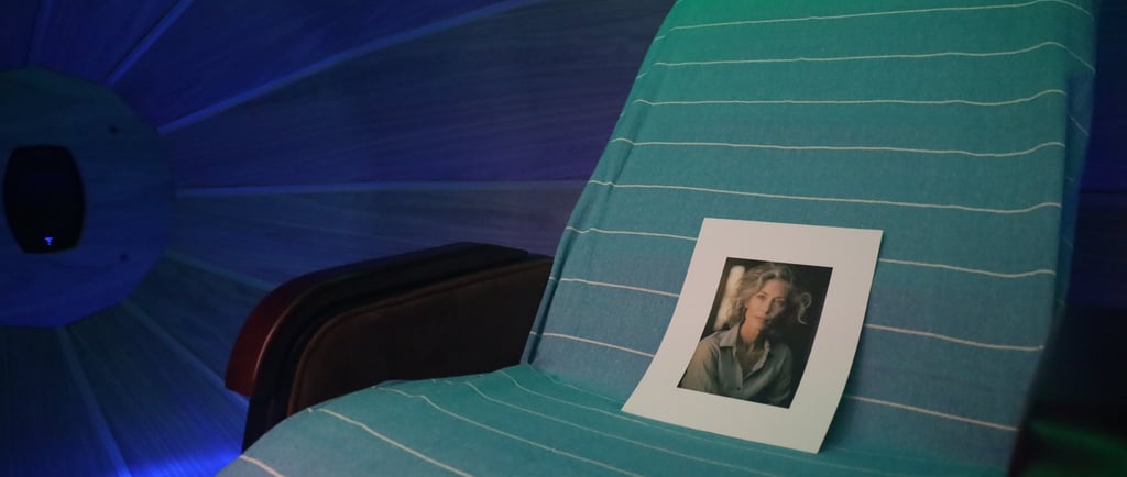 Chair with a picture of a woman showcasing a remote bio-energy therapy session