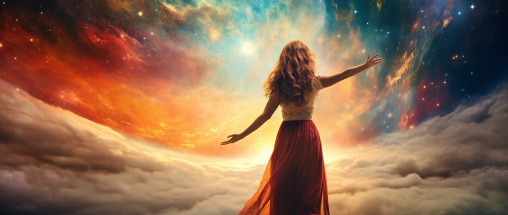 a woman standing in front of a colorful sky filled with stars