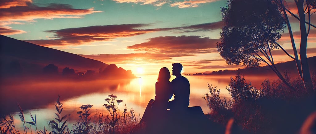 a couple sitting on a bench at sunset in love