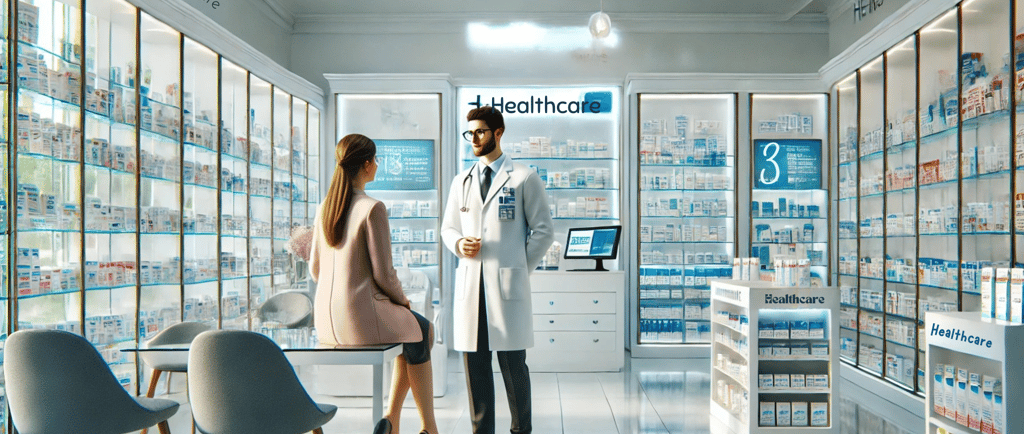 a man and woman in a pharmacy office