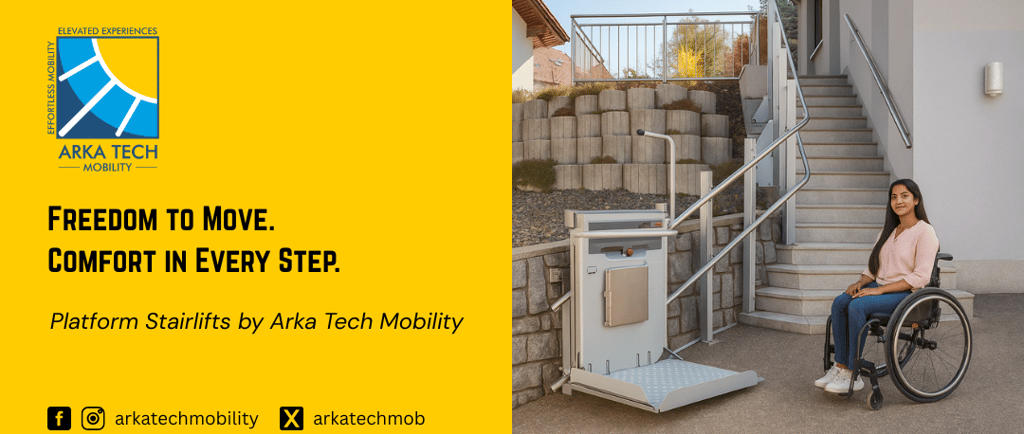 a woman in a wheelchair with a wheelchair in front of a staircase case ready to use platform lift
