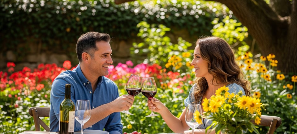 couple in garden toasting each other with wine