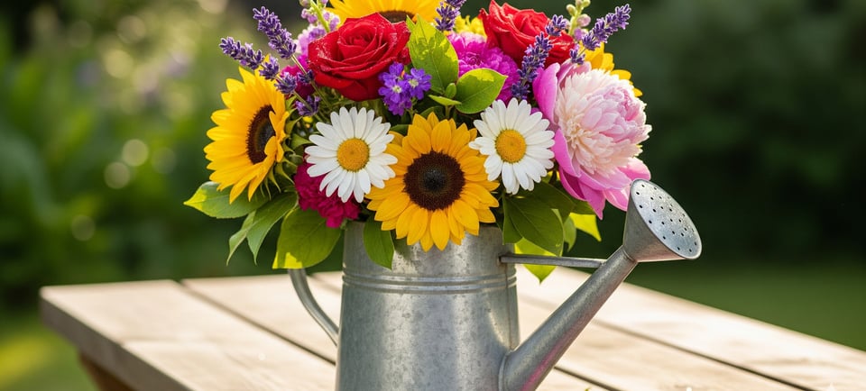 flowers in a watering can