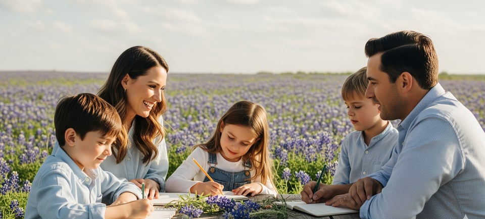 young girl writing with happy family in field of bluebonnets