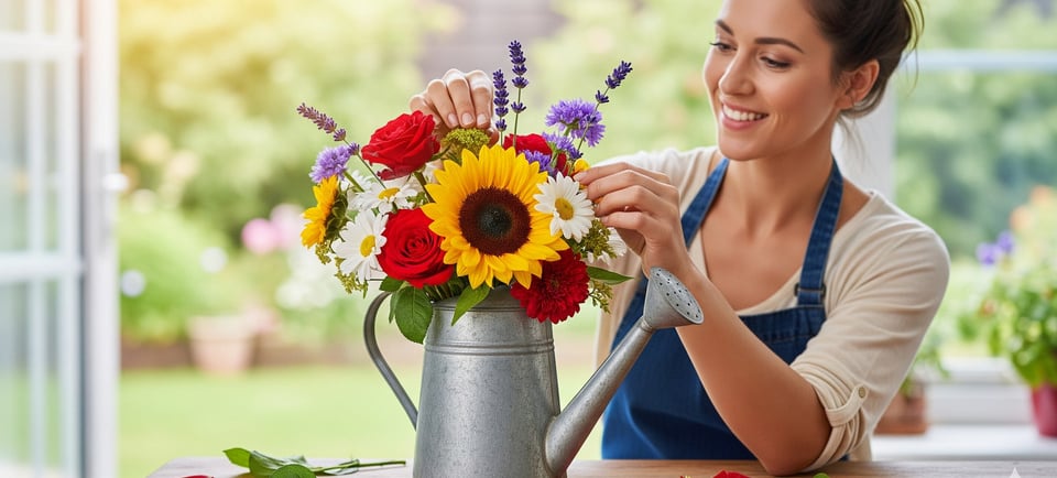 woman making watering can flowers