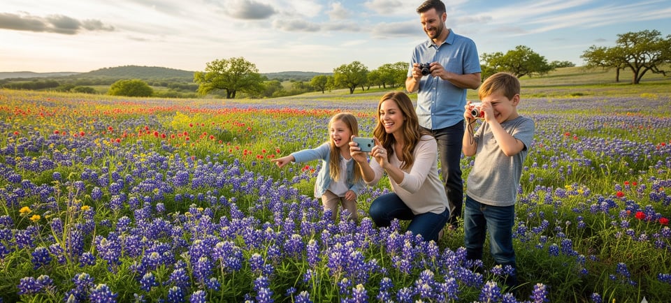 happy family looking at bluebonnet flowers