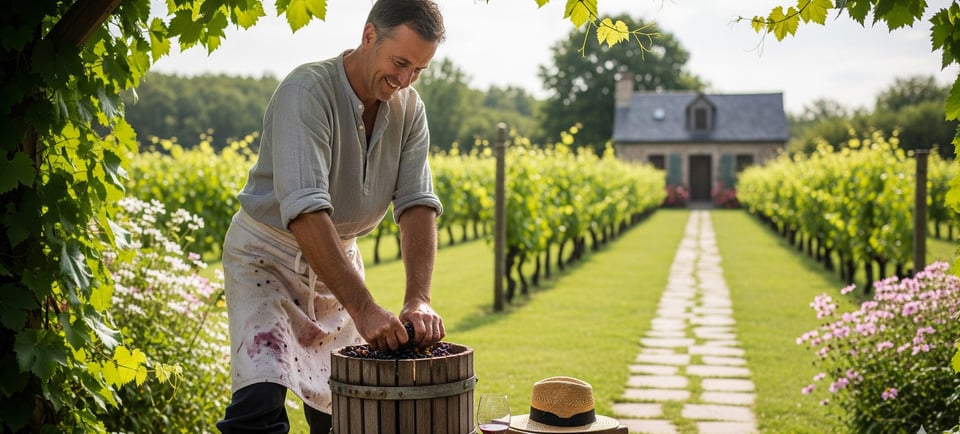 man making wine at home in garden