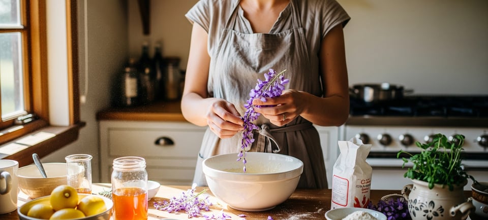 woman in kitchen preparing ediblle flowers