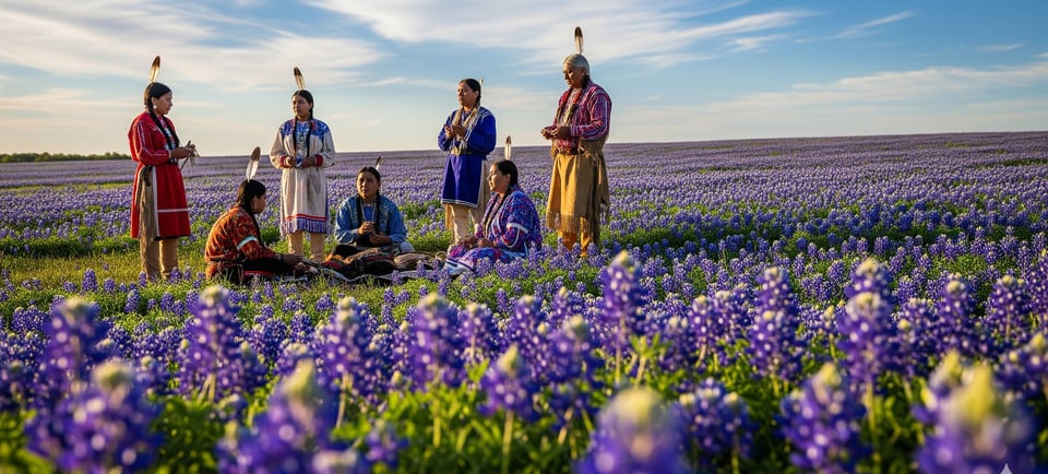 bluebonnet fiower field and native american indians talking