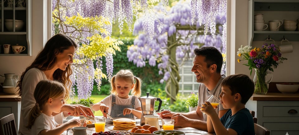 happy family eating with wisteria flowers in background