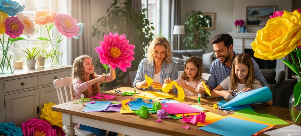 happy family sat making giant paper flowers
