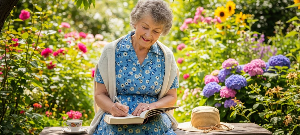 grandma writing in book whilst sat in garden