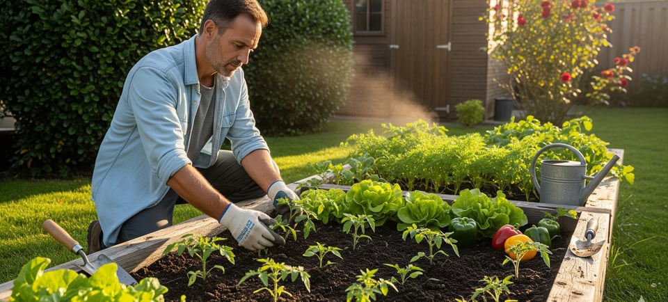 vegetable garden makeover with man in garden