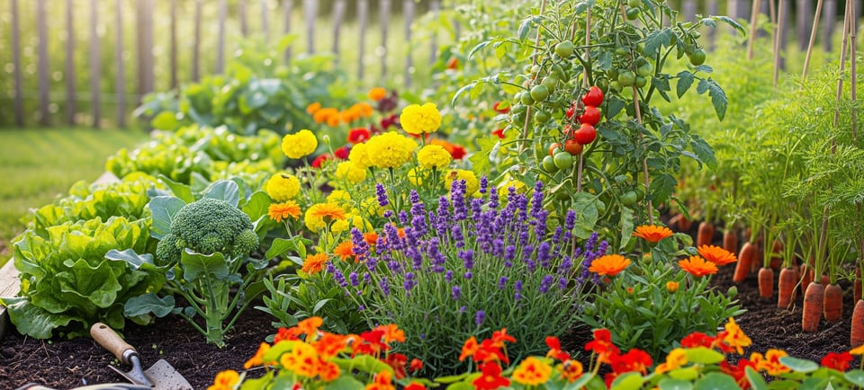 vegetable patch and flowers growing