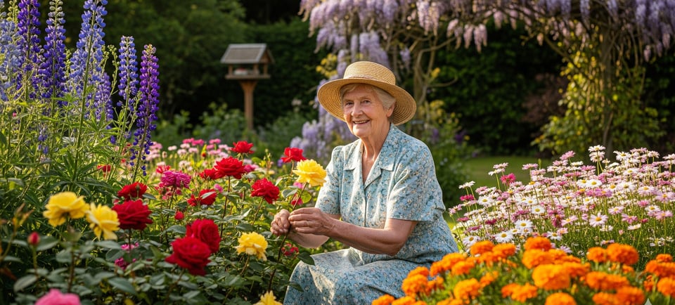 grandma admiring her classic flowers