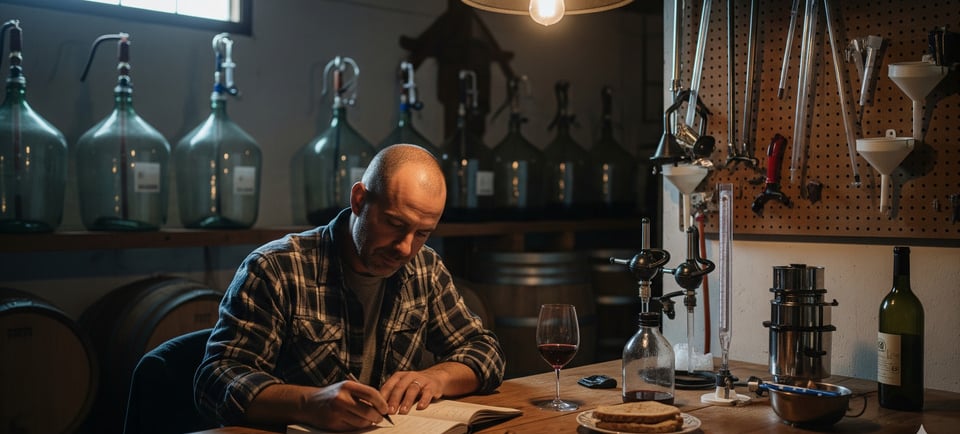 man in wine cellar writing in book