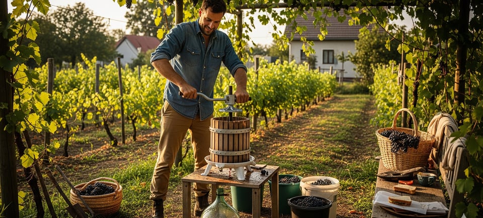 man making wine in garden