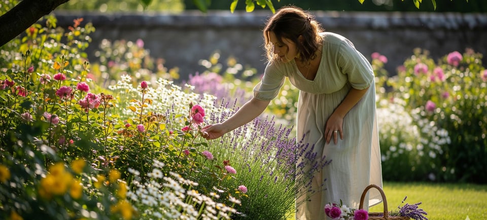 woman in garden picking flowers
